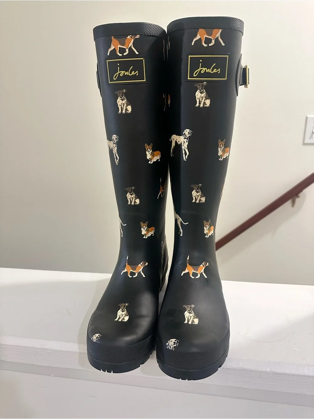 Joules Black Dog Print Tall Rain Boots Wellies EU 38 US 7.5/8